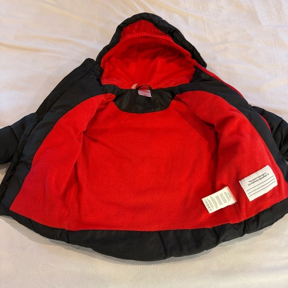 Disney Winter Coat & Mickey Stuffy, Kids Black Red Hooded Puffer Backpack Sz 2T - Picture 5 of 16